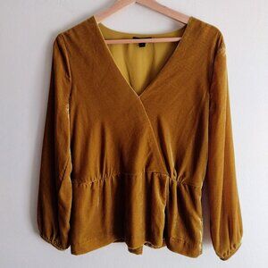 J.Crew Faux Wrap Velvet Blouse 8 Dijon Yellow Long Sleeve Top